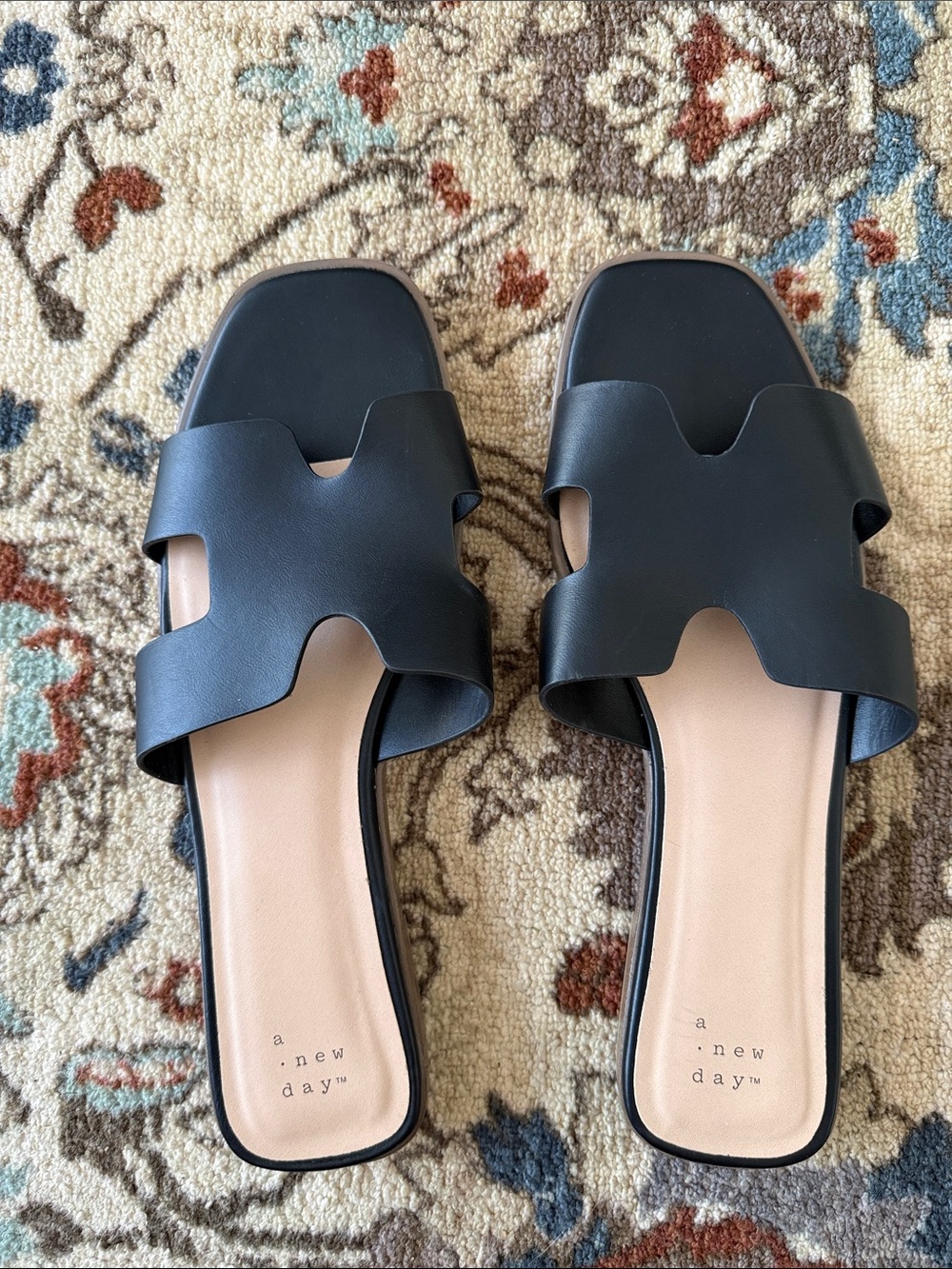 a new day Black Leather-Look Slide Sandals